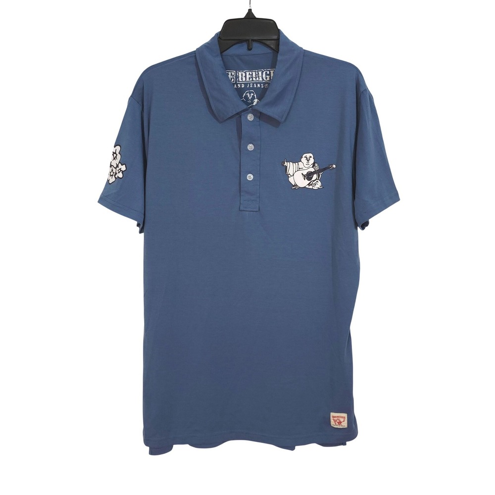 True Religion World Tour Buddha Guitar Graphic Polo Shirt Mens XL Blue USA Made